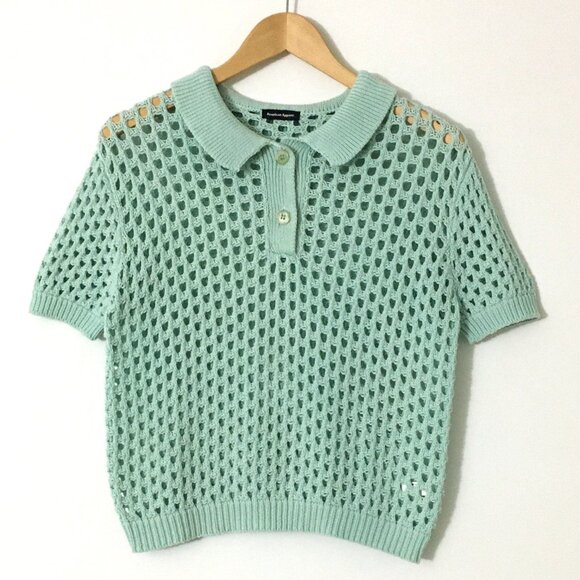 American Apparel Open Weave Knit Crop Tennis Shirt Sweater Top Seafoam Mint - M - Picture 2 of 8